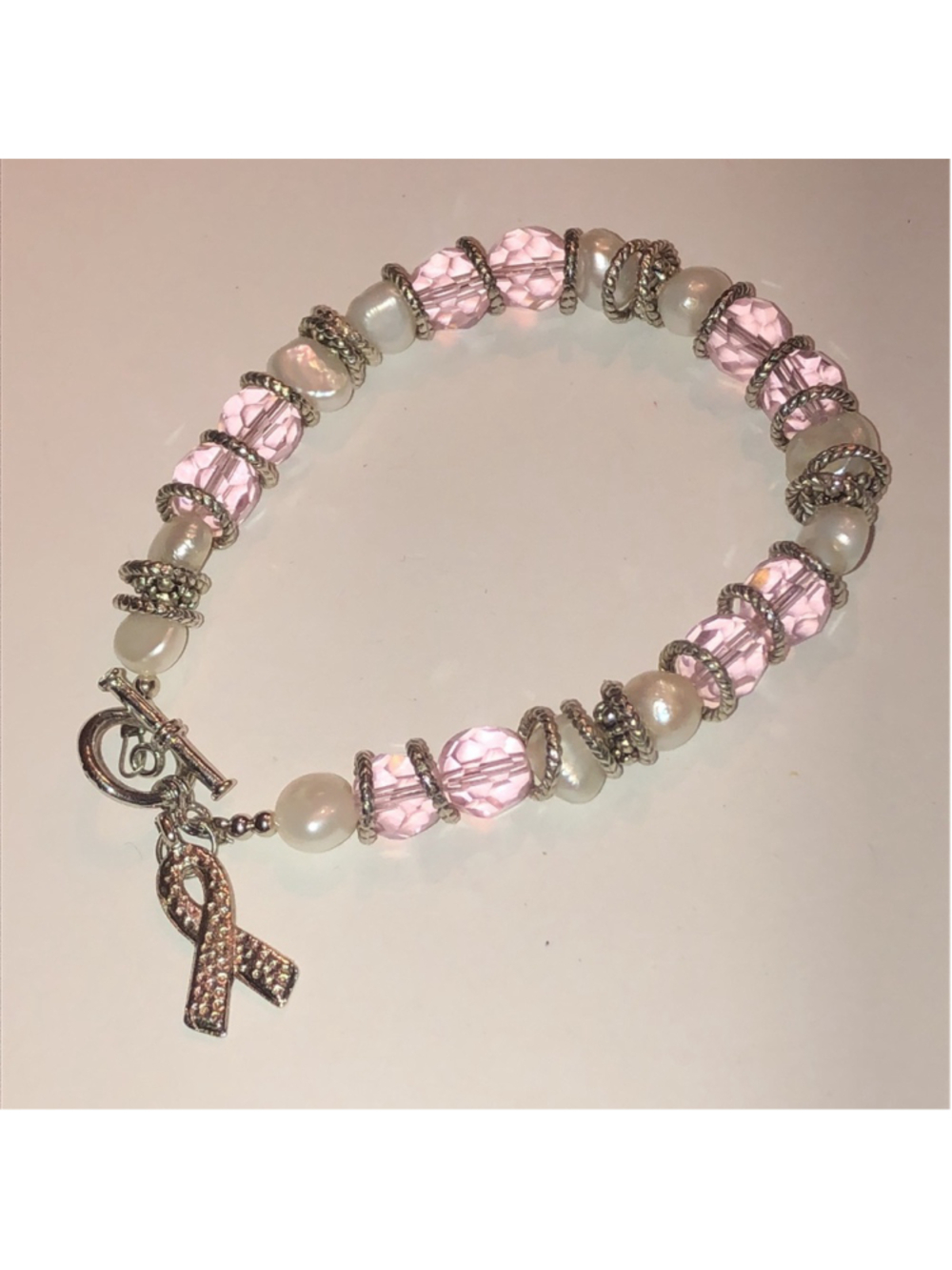 Pink & Pearl Silver Tone Beaded Breast Cancer Awareness Boho Bracelet